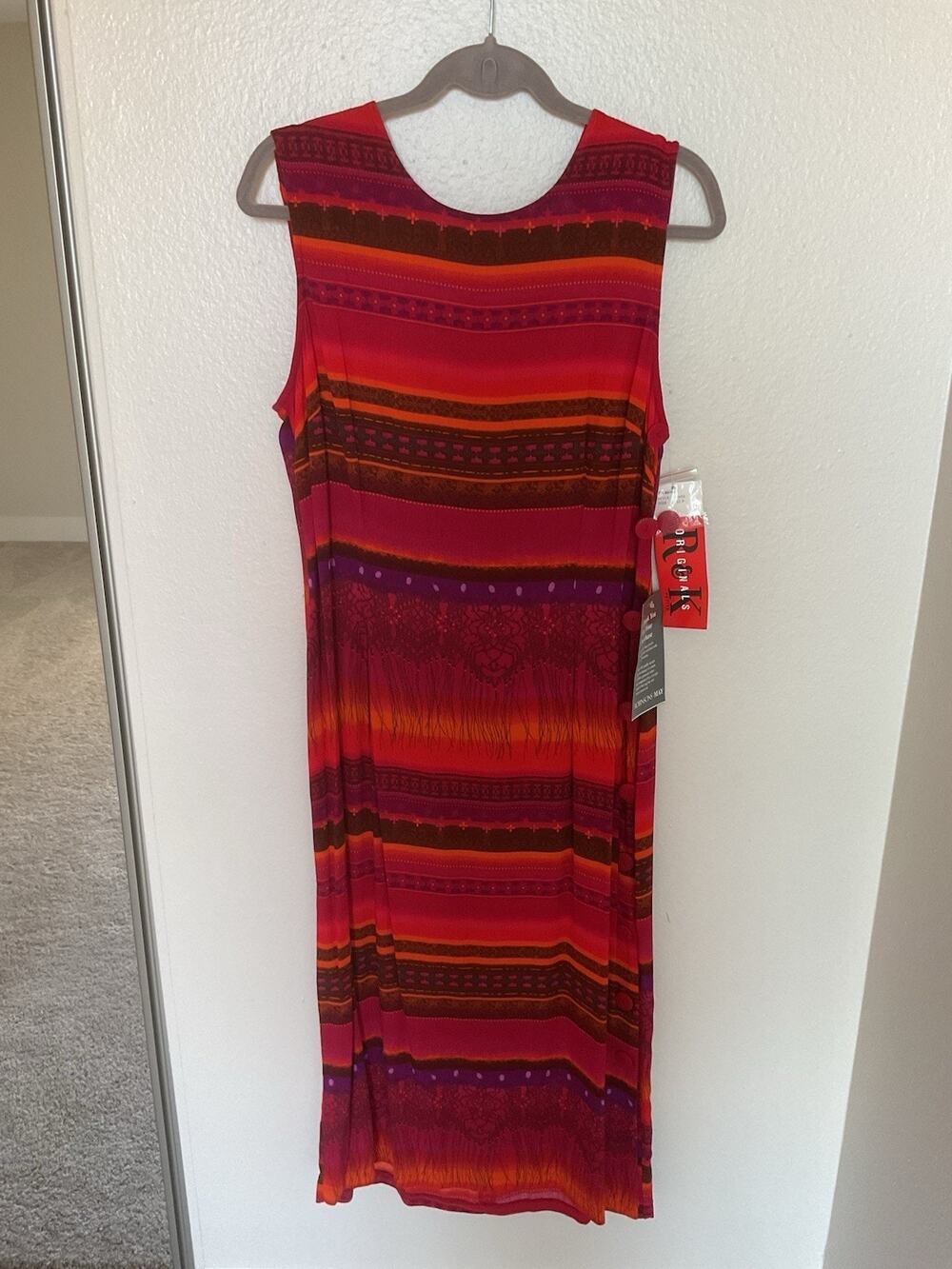 NWT Vintage R&K Originals Sleeveless Midi Dress Striped Boho Pink Red Orange 12P